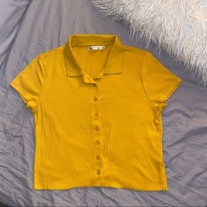 Mustard color button up crop top with polo collar